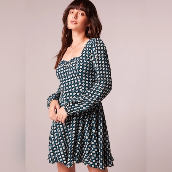 Band of The Free Genevieve Teal Diamond Long Sleeve Mini Dress Women's Medium - Picture 8 of 12